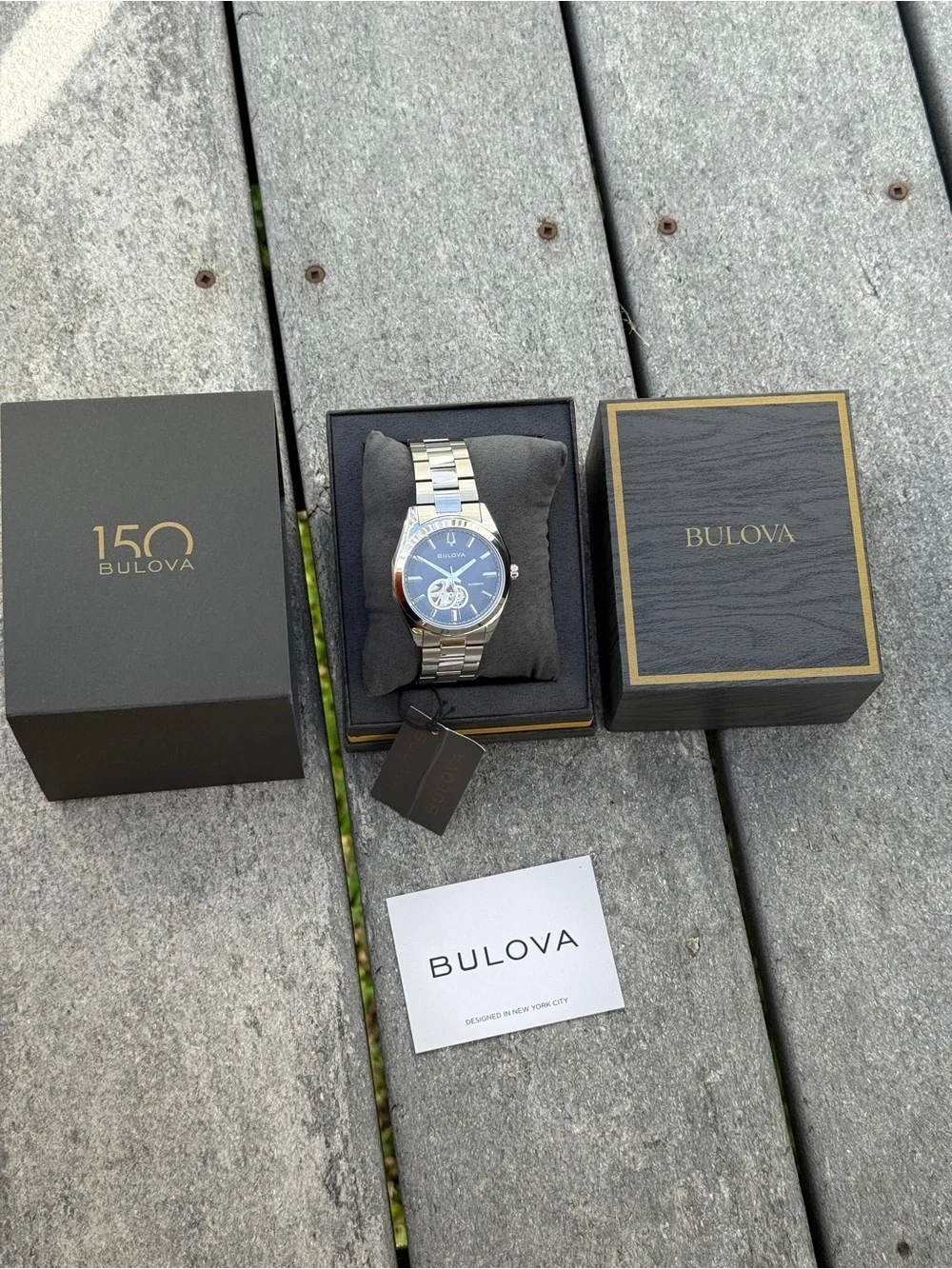 Bulova Silver Stainless Steel automatic men’s Watch with Blue Open-Heart Dial